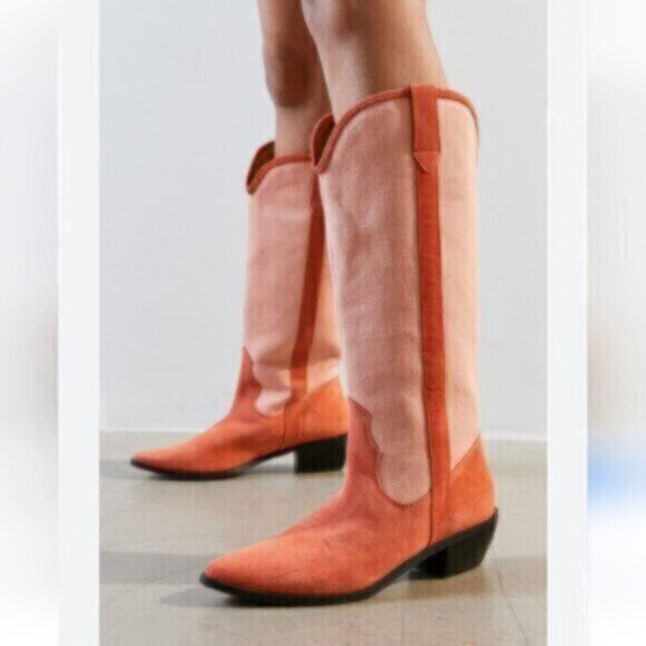 Urban Outfitters Suede Linen Canvas Leslie Tall Cowboy Boot Pink Peach … - Picture 12 of 12